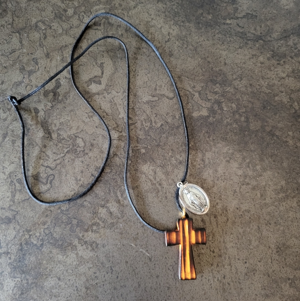 Brown and Black Wooden Cross Necklace Rustic Design